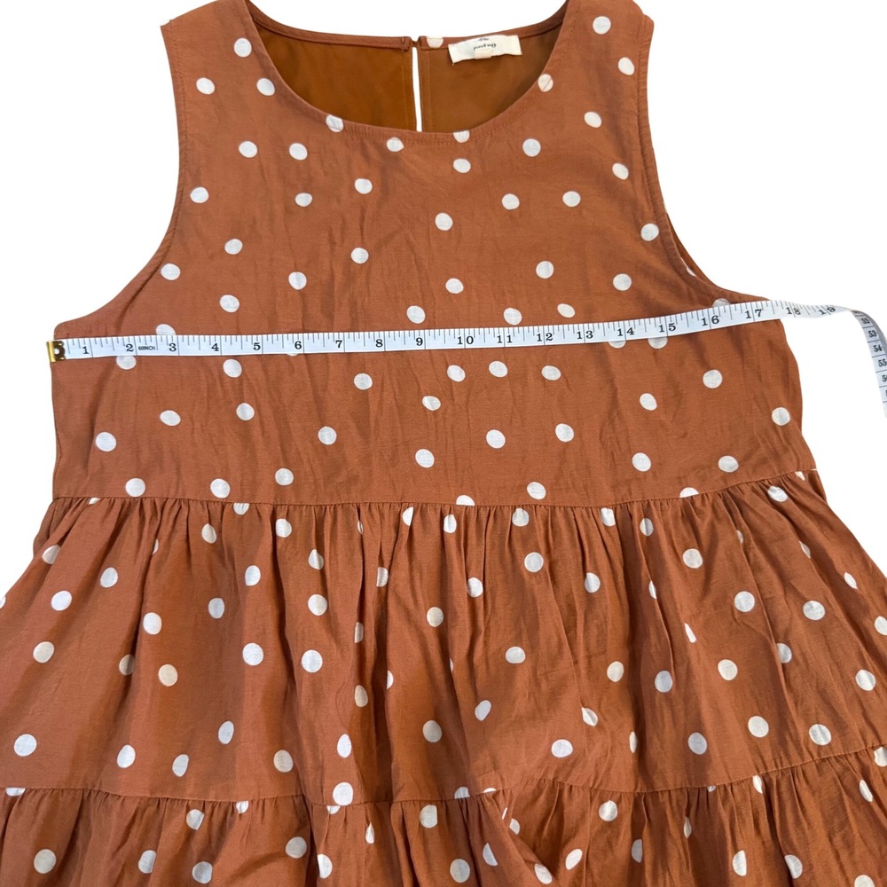 Entro Rust Polka Dot Tiered Babydoll Mini Dress Sleeveless Pockets Womens Large - Picture 10 of 10